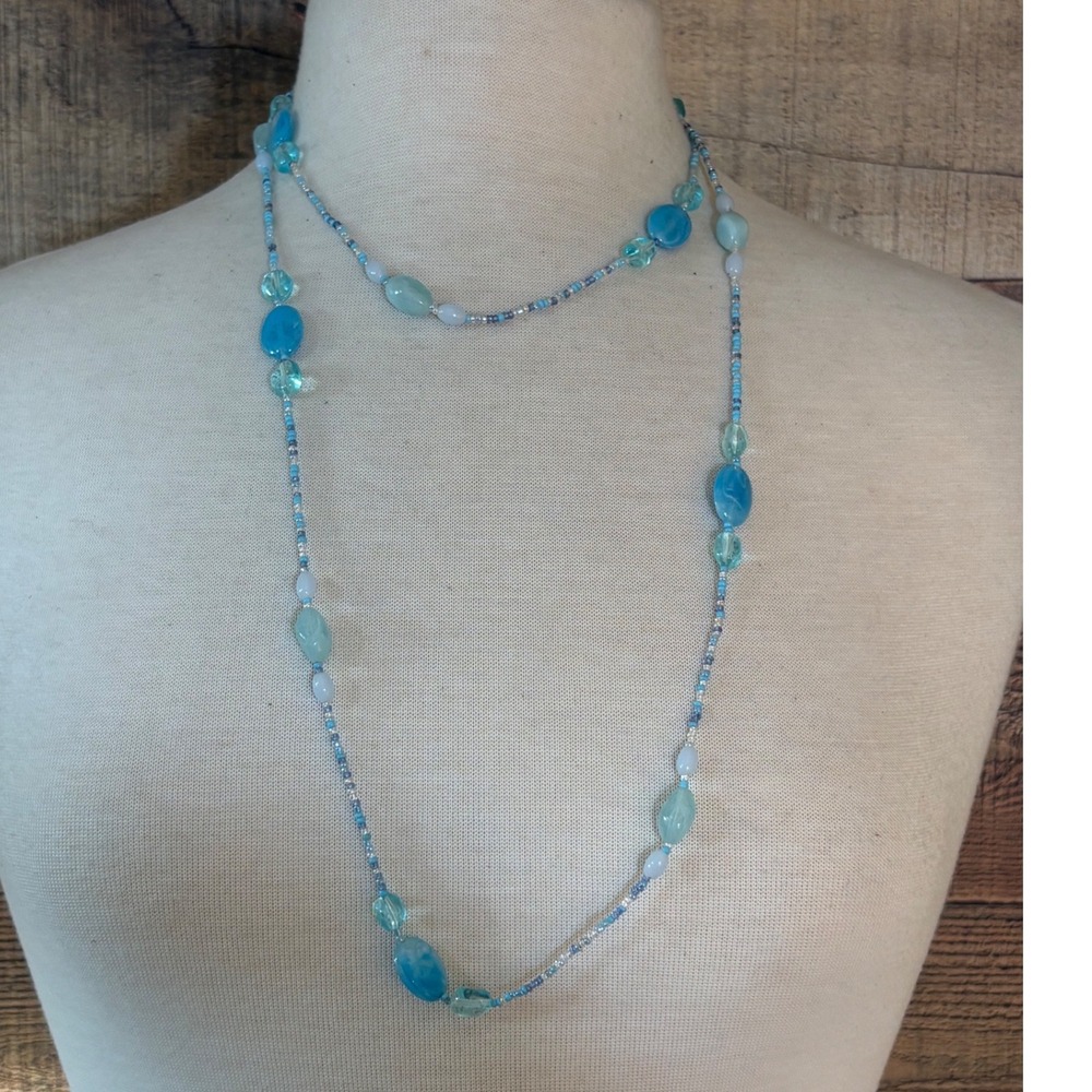 Blue Teal Beaded Long Strand Necklace Boho Coastal Layering